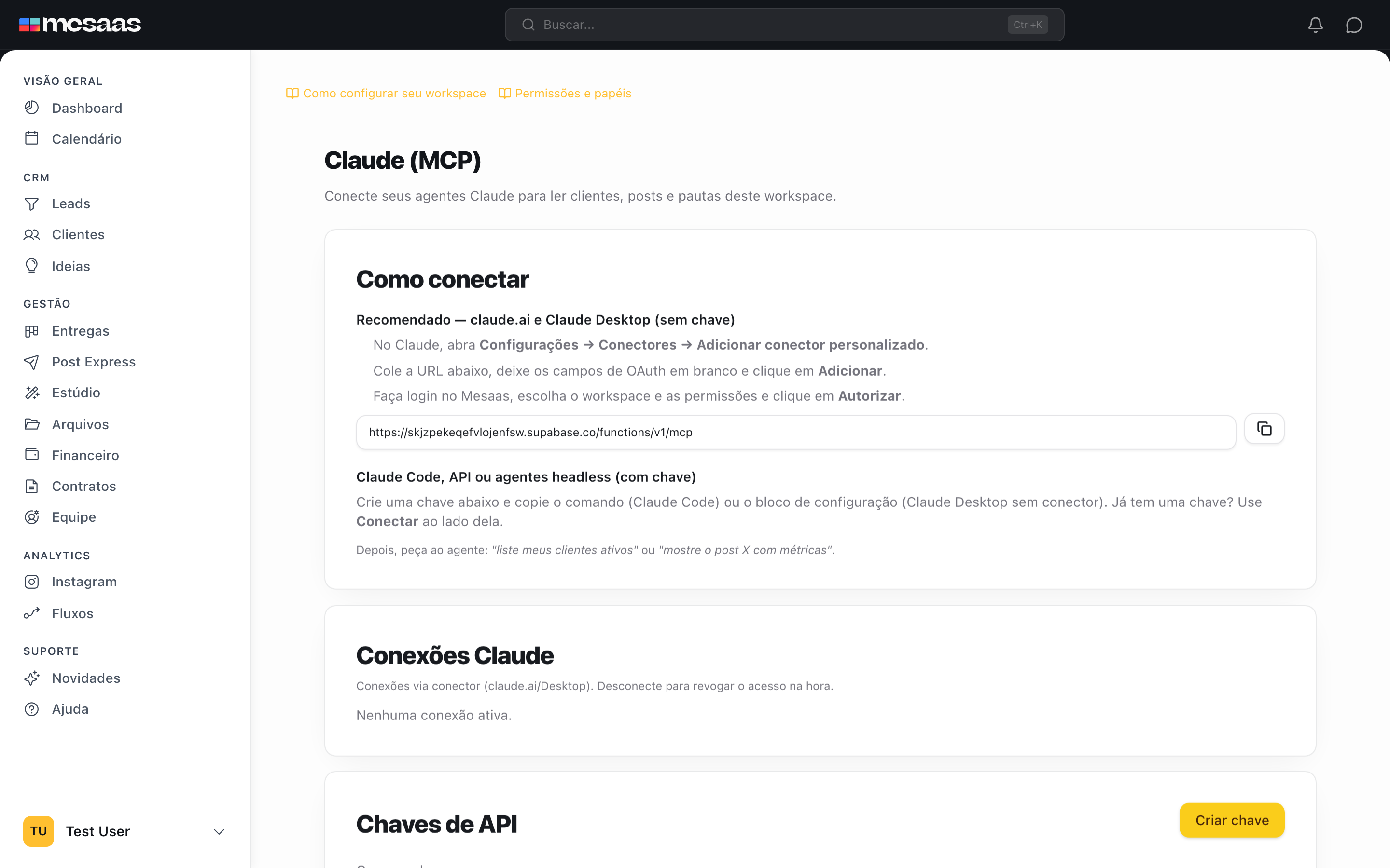 Página Claude (MCP) em Configurações, com a URL do conector e as instruções.