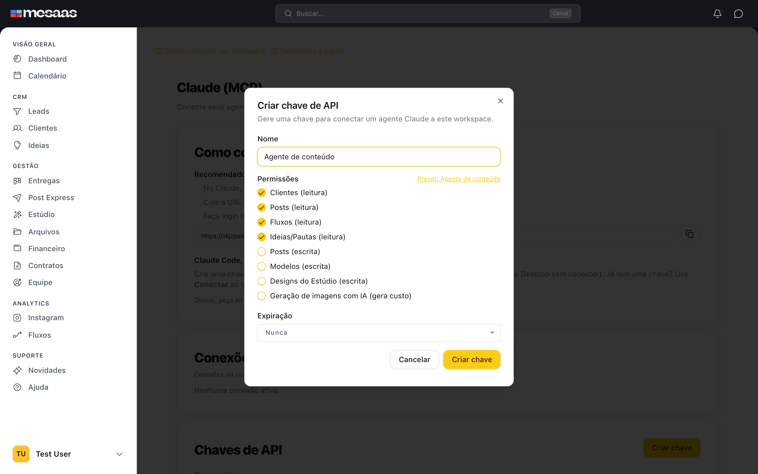 Modal Criar chave de API com nome e permissões de leitura selecionadas.