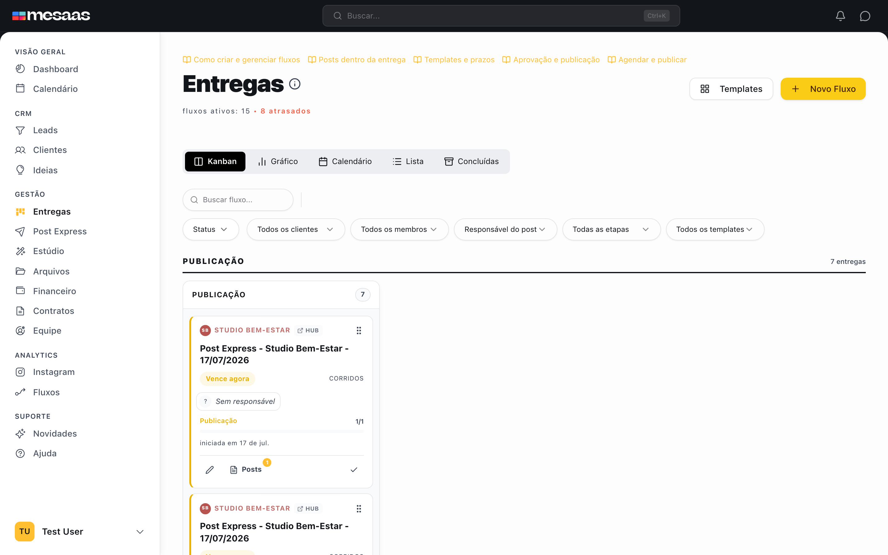 Página Entregas aberta pelo menu lateral.