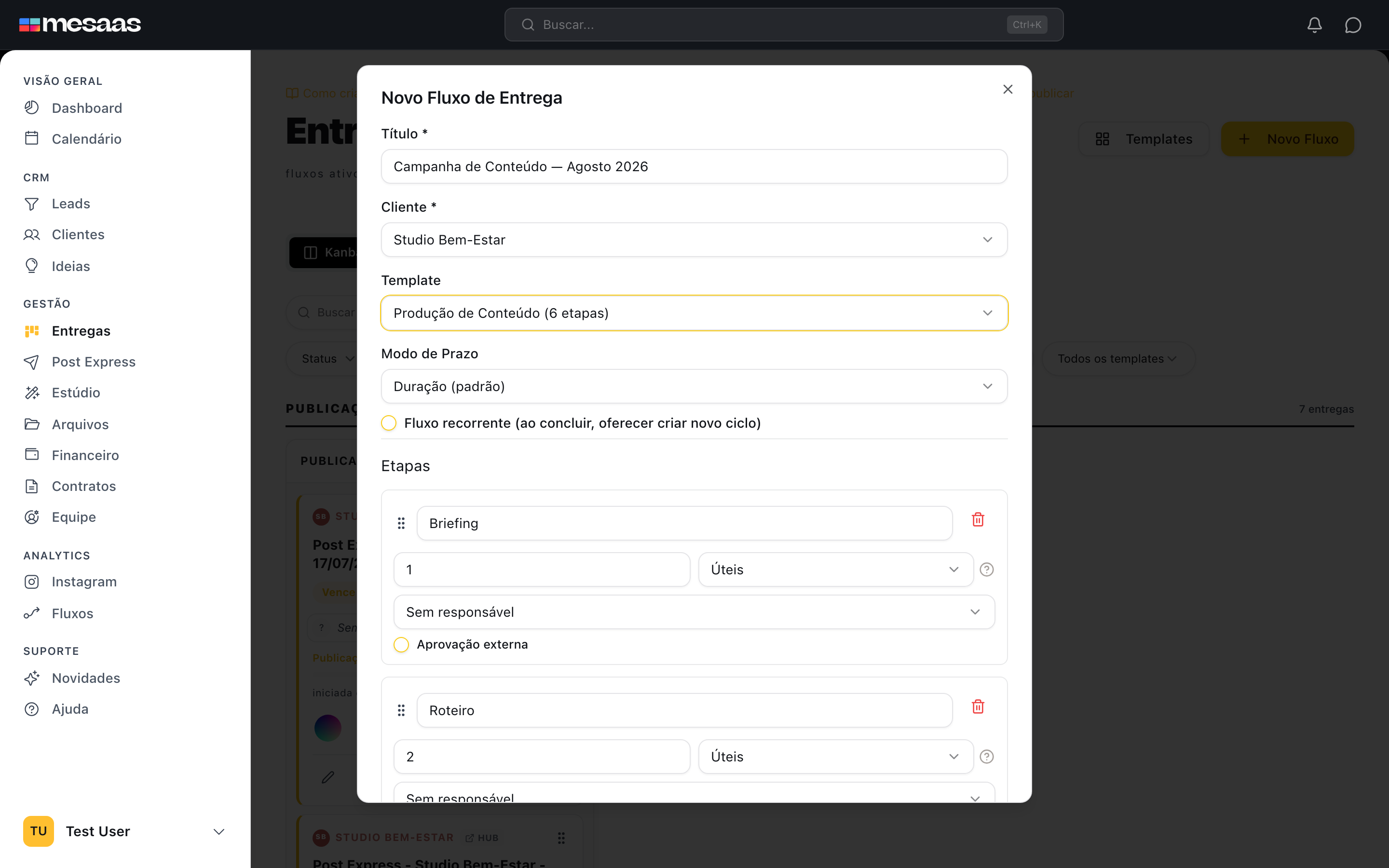 Modal Novo Fluxo de Entrega com cliente e template selecionados.