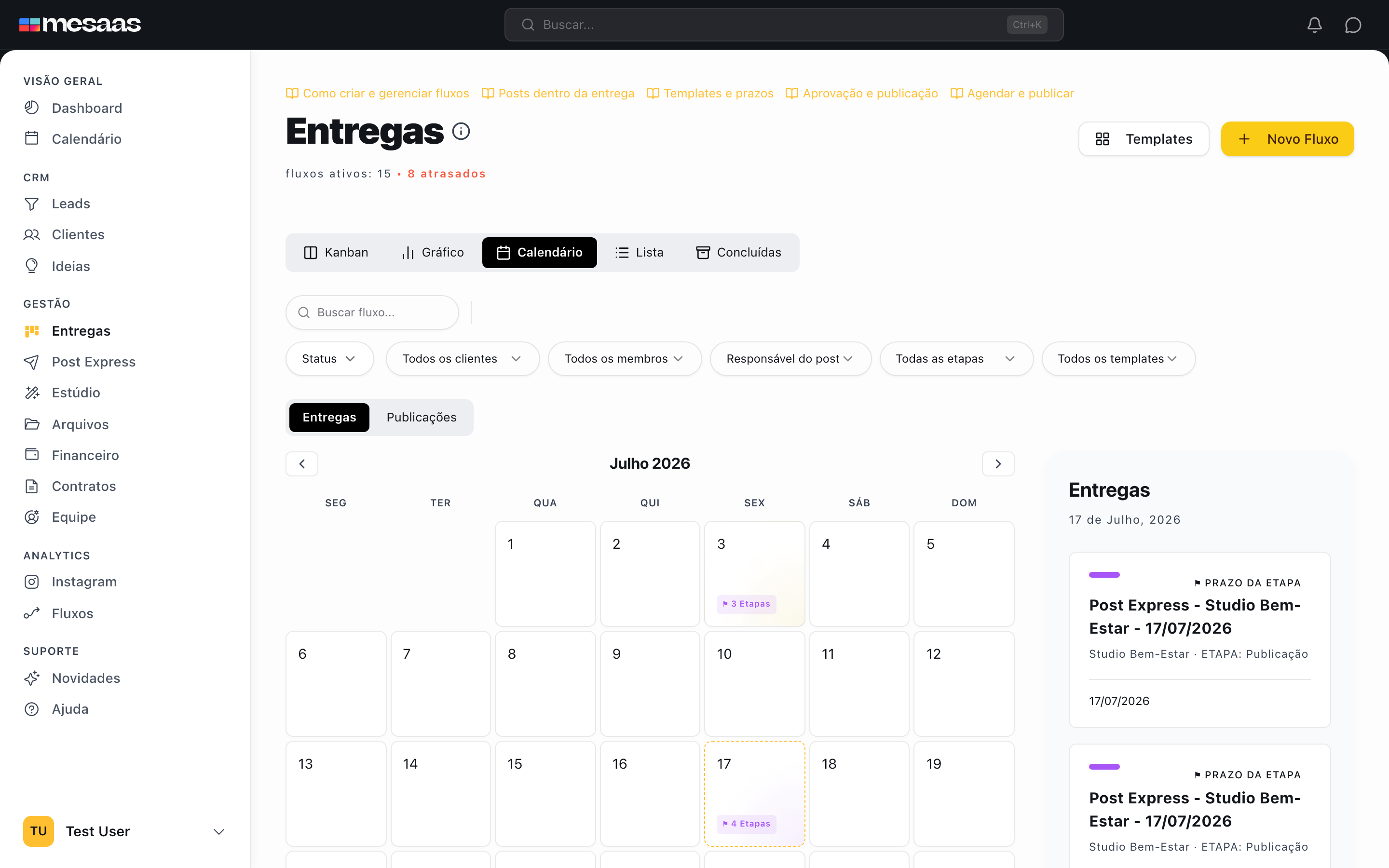 Visualização em calendário com prazos e entregas.