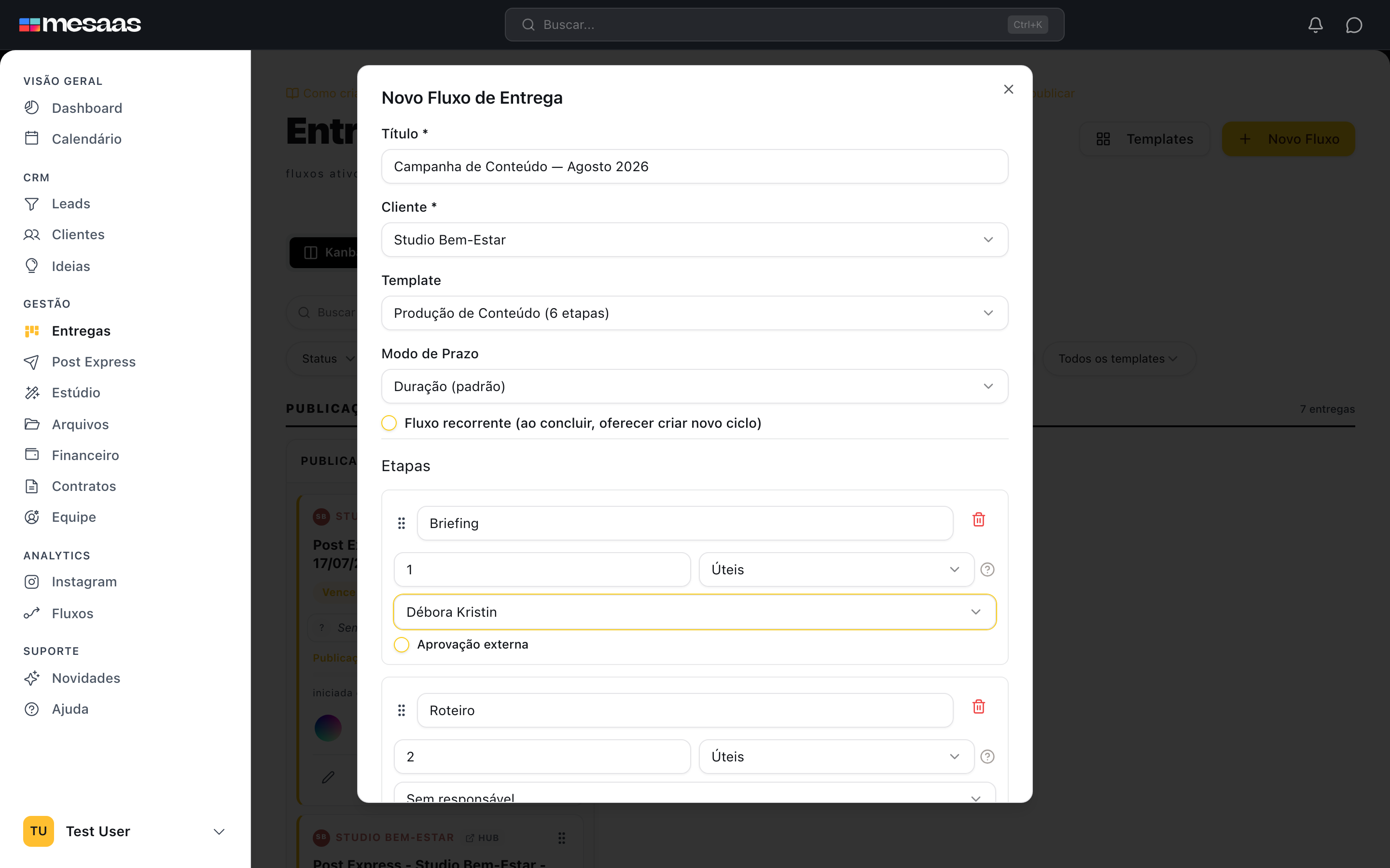 Etapas do fluxo com responsáveis e prazos para revisar.
