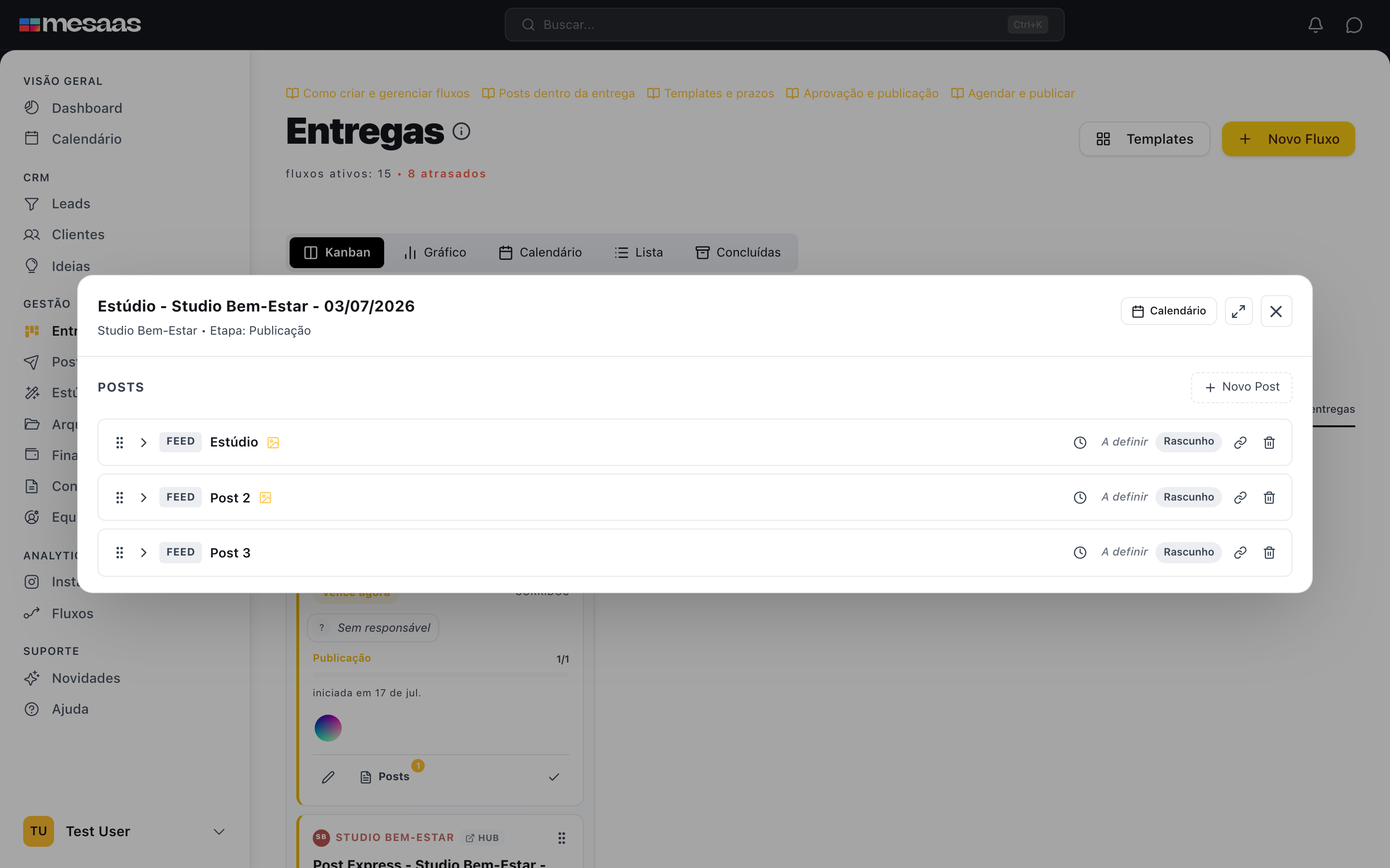 Fluxo em execução exibido na visualização Kanban.