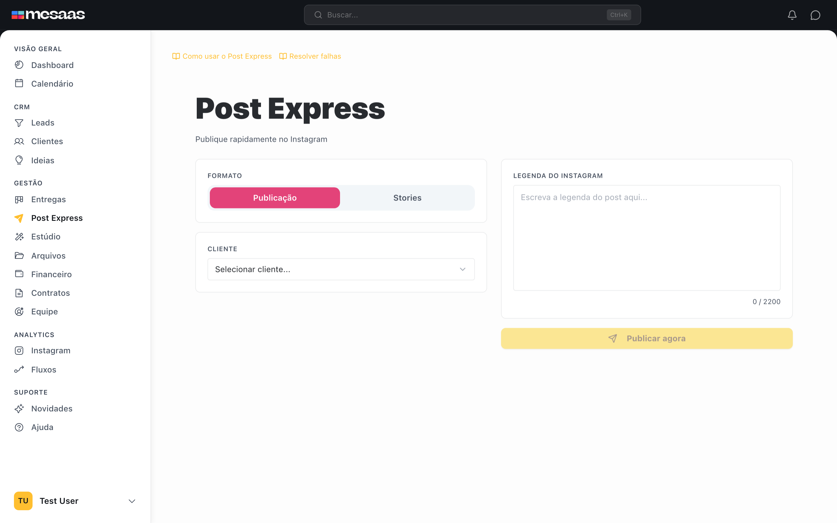 Tela do Post Express aberta, com a lista de clientes disponível.