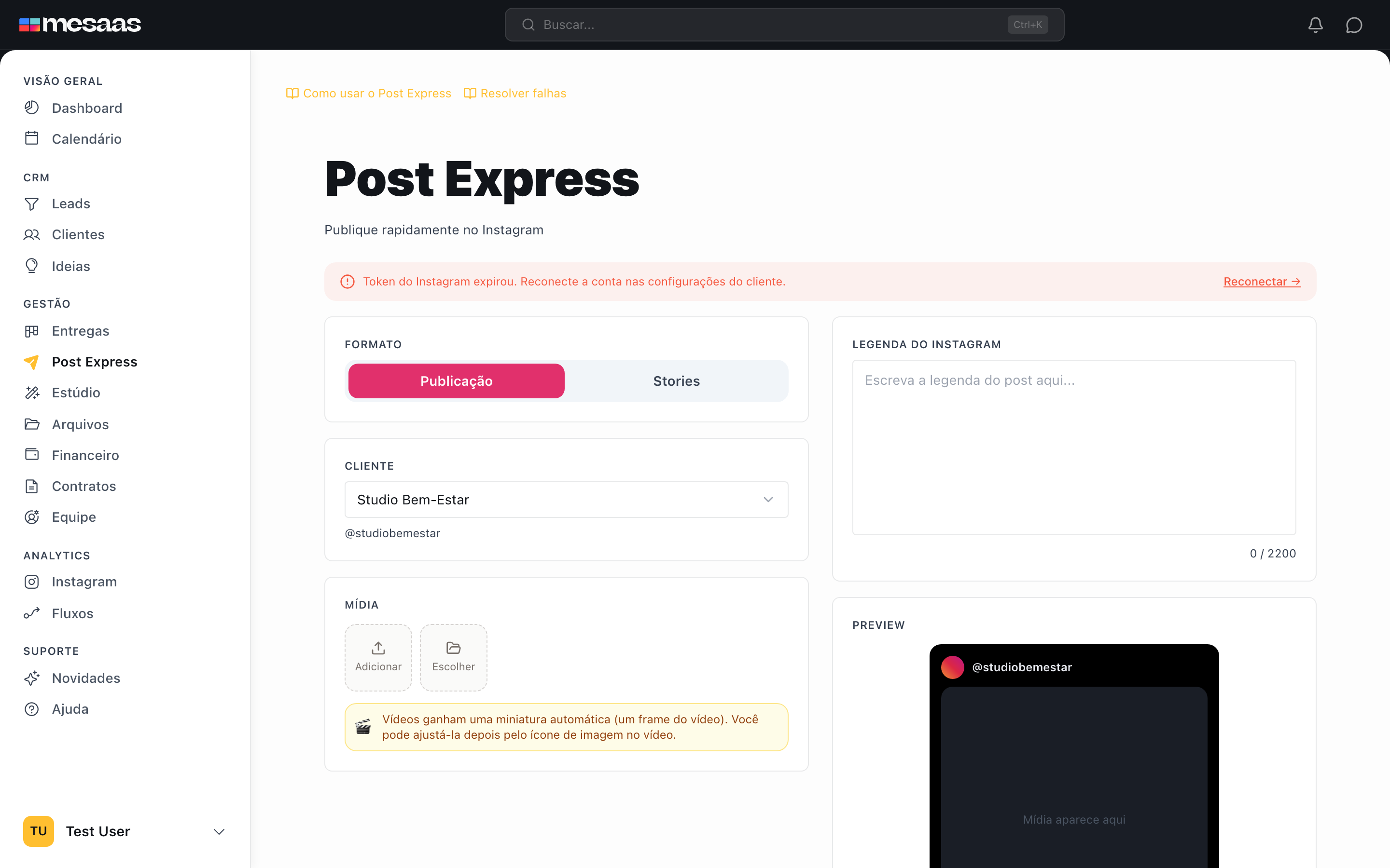 Seletor de cliente aberto, mostrando as contas com Instagram conectado.