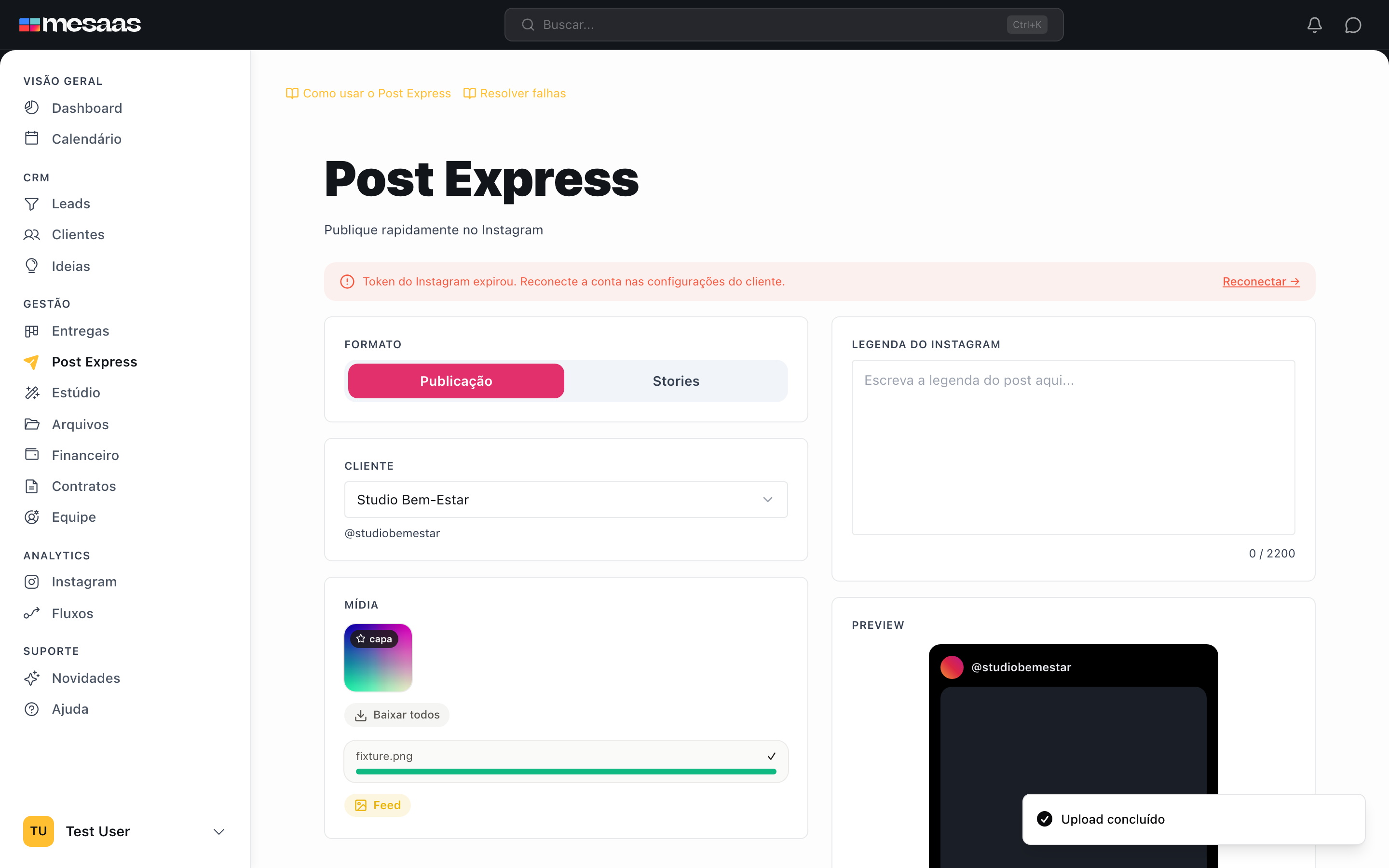 Área de envio de mídia do Post Express.